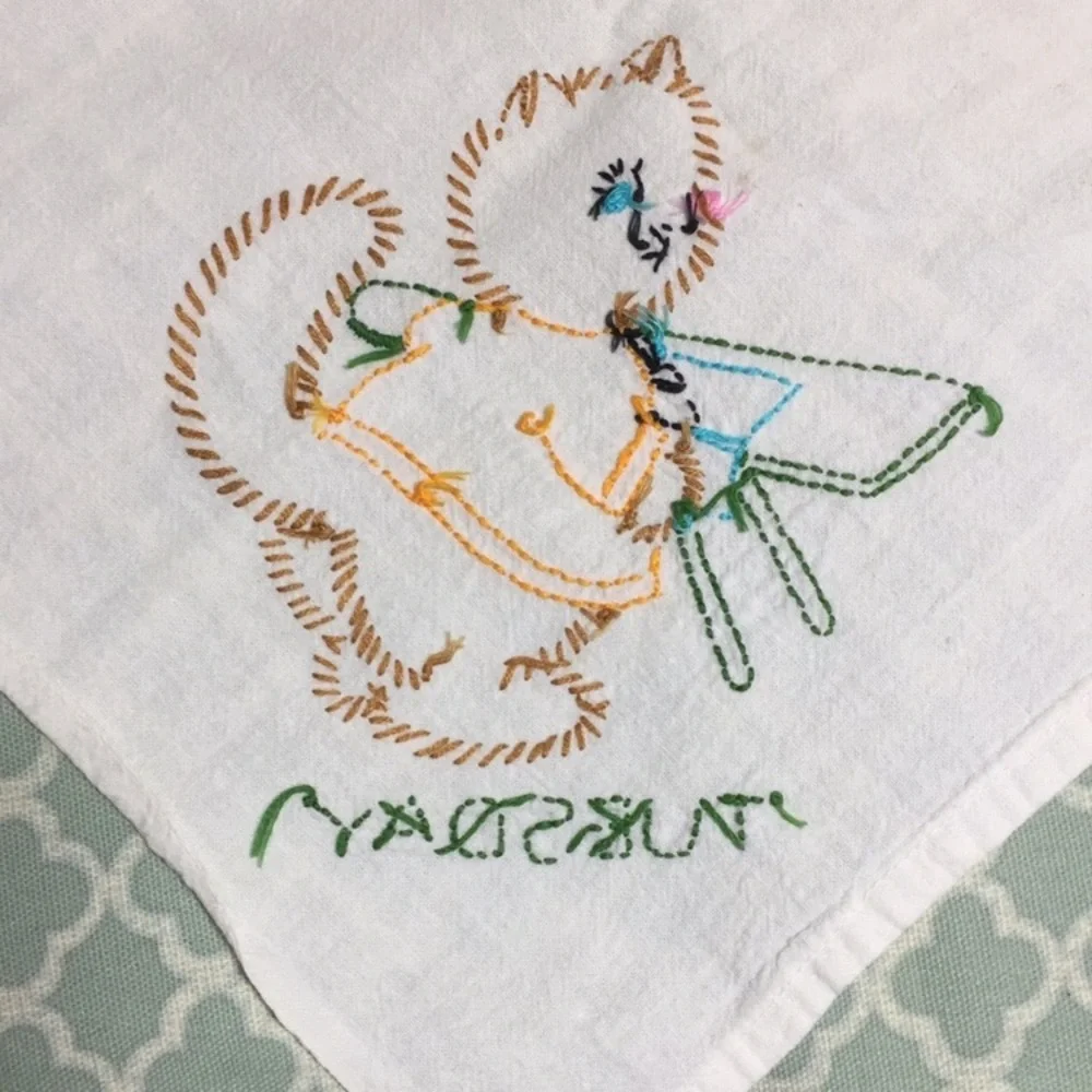 Vintage Embroidered Tuesday Cat Hand Tea Towel